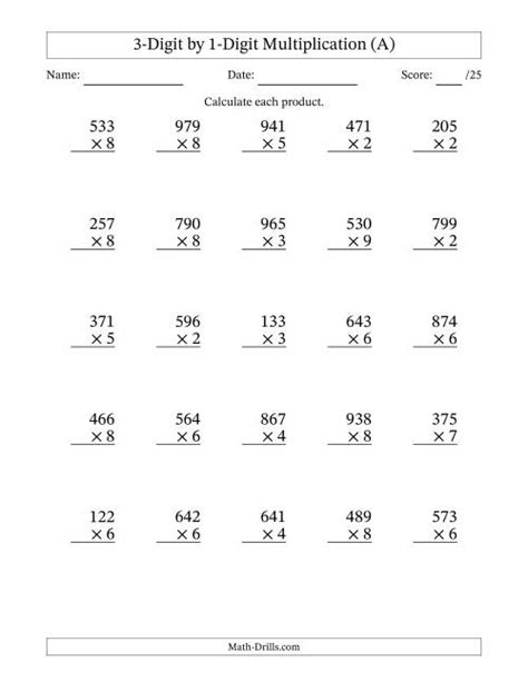 3 digit by 1 digit multiplication worksheets|Multiply 3 x 1 digits worksheets .